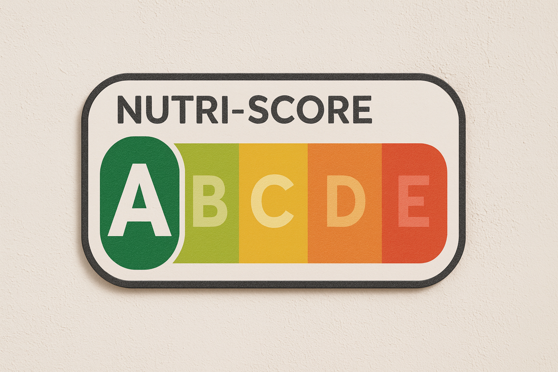 Image réaliste du logo officiel Nutri-Score affichant les lettres A, B, C, D et E sur une échelle colorée du vert au rouge.