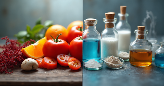 Image comparant des aliments naturels à gauche (tomate, orange, champignon, algue) avec des additifs isolés à droite (E621, E407, E300).